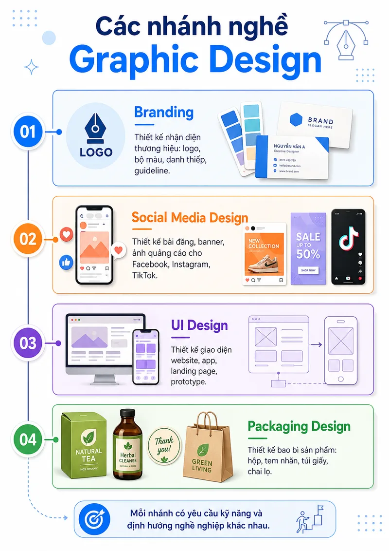 Ngành thiết kế đồ họa có nhiều hướng phát triển như branding, quảng cáo, UI và bao bì